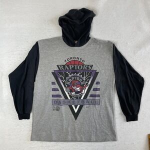 Vintage NBA‎ Toronto Raptors Hooded Long Sleeve Shirt Mens XL Grey Black 1994